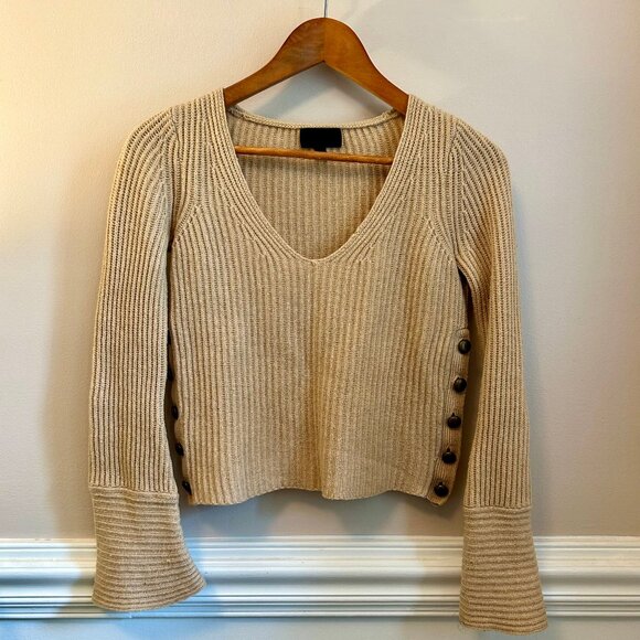 INTERMIX Haley Wool Cashmere Sweater V Neck with Button Detail & Bell Sleeve XS - Picture 2 of 12